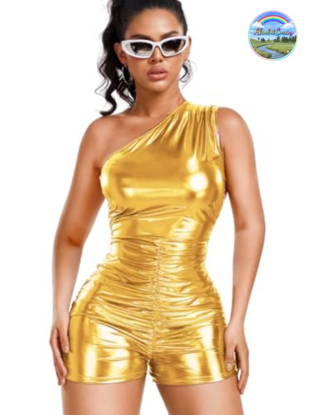 Metallic One Shoulder Bodycon Romper Ruched Faux Leather Club Party Outfit